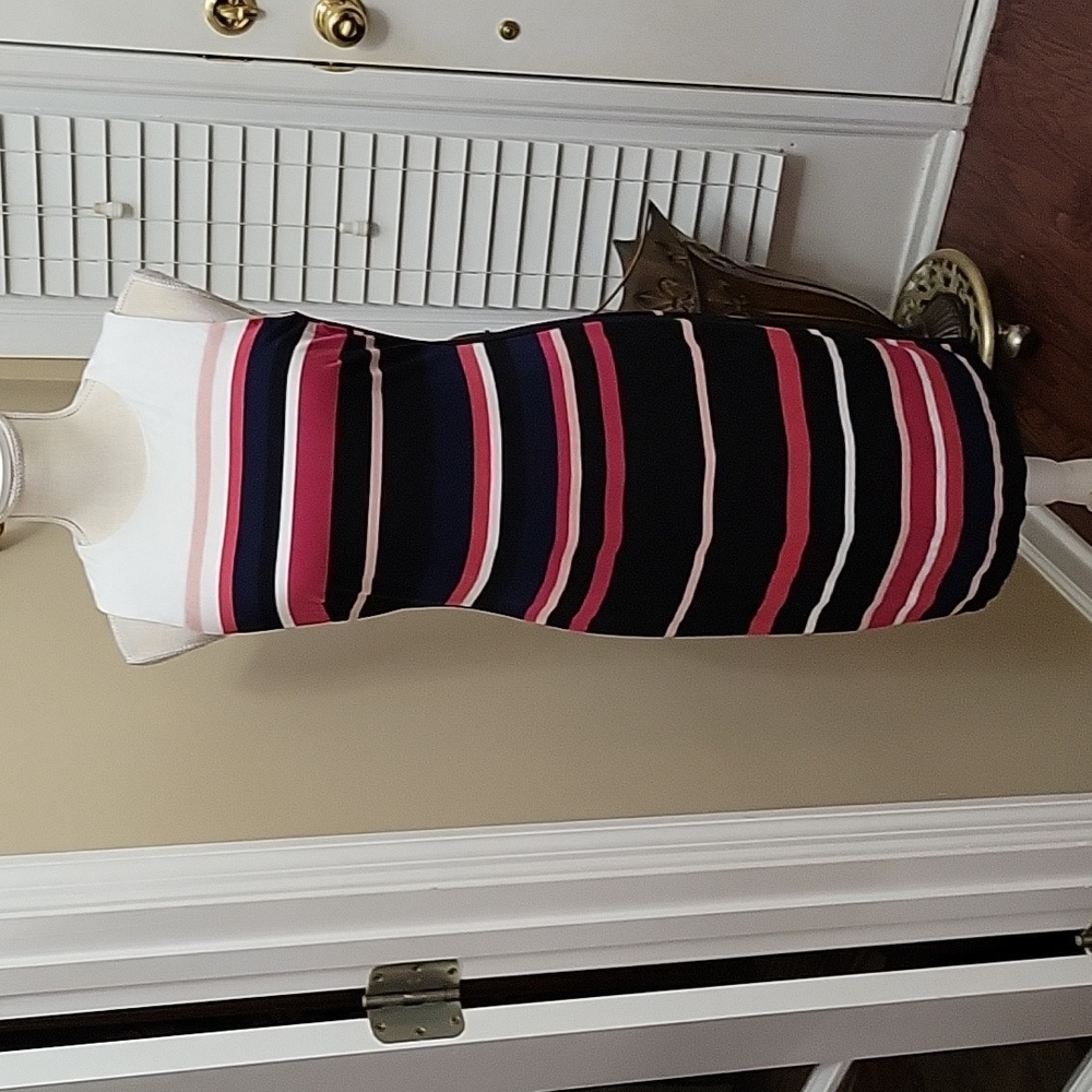 White House Black Market white pink black stripe sleeveless dress stretch  8P …